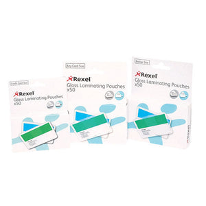 Three Rexel Gloss Laminating Pouches x50 retail boxes side by side, marked Credit Card Size, Key Card Size and Badge Size, each showing an illustration of laminated green and blue cards.