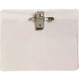 Rexel large clear card holder, wider than it is tall, with a silver coloured clip and a safety pin fitted along the top edge
