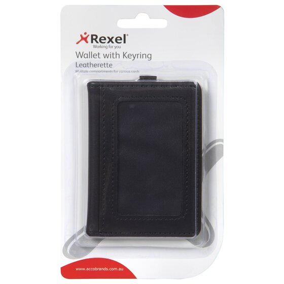 Rexel Wallet with Keyring Leatherette in its blister pack, a black wallet with a front window inside