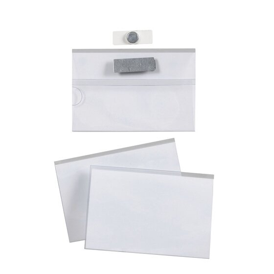 Clear Rexel magnetic badge holder with a dark magnetic strip along the top edge, a small backing piece above and two more holders below