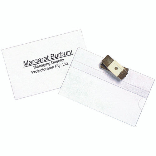 Clear name badge holder beside a white insert card printed Margaret Burbury, Managing Director, with a metal fitting at the top edge