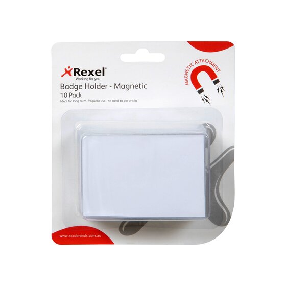 Rexel Badge Holder Magnetic 10 Pack blister card with a magnetic attachment roundel and a stack of clear holders