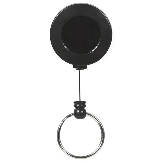 Rexel mini key reel front on against white, a plain black round body with a short black cord ending in a large silver split ring.