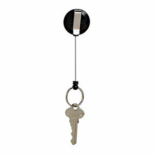 Black round Rexel mini key reel with a metal belt clip on the back, the black nylon cord extended below it to a split ring holding one brass key, on a white background.