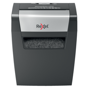 Rexel Momentum X308 shredder, front view with the silver head on a black bin