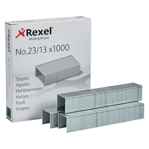 Rexel No. 23/13 heavy-duty steel staples box of 1000 on white background