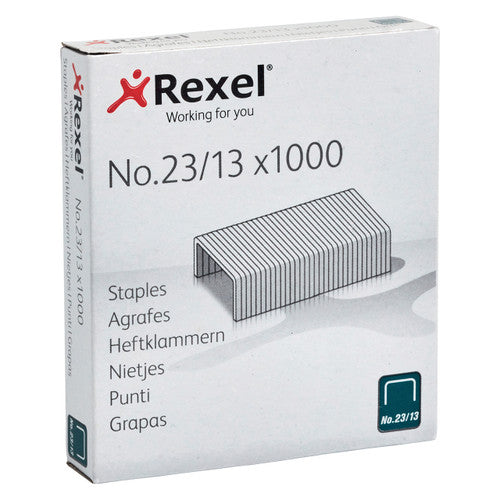 Close-up of Rexel 23/13 staples showing 13mm leg length and steel construction