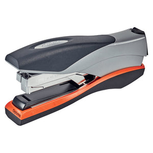 Rexel Optima 40 low force stapler in silver and black with an orange base, shown at a three quarter angle with the chrome staple magazine visible and the Optima name on the front edge