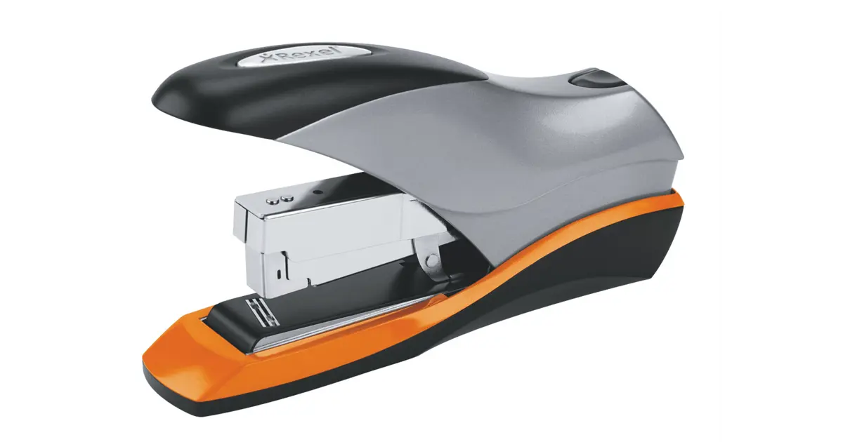 Rexel Optima 70 low force heavy duty stapler shown from the side in silver and black with an orange base, Rexel branding on the top arm and the chrome staple magazine open beneath
