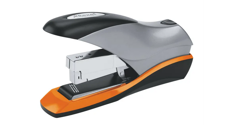 Rexel Optima 70 low force heavy duty stapler shown from the side in silver and black with an orange base, Rexel branding on the top arm and the chrome staple magazine open beneath