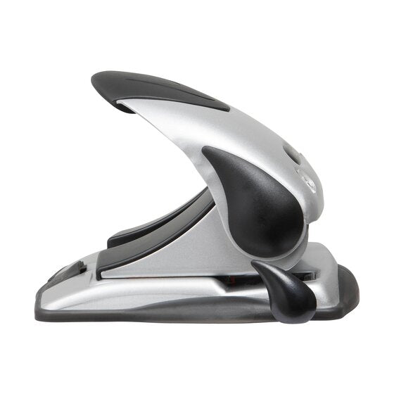 Side profile of the silver and black Rexel Precision P240 2 hole punch showing the metal body, black soft feel handle insert and the retractable paper guide extended from the base