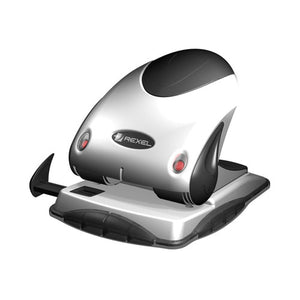Rexel Precision P240 2 hole punch in silver and black shown at a three quarter angle, with the Rexel badge on the body, two punch heads and the black retractable paper guide extended
