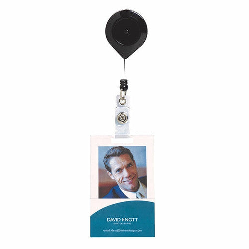 Rexel Retractable Card Holder Lockable with Strap and Nylon Cord Black - image 1