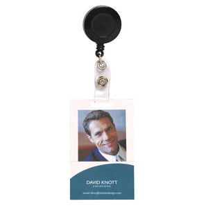 Rexel retractable card holder with a black round reel and clear strap holding a photo ID card