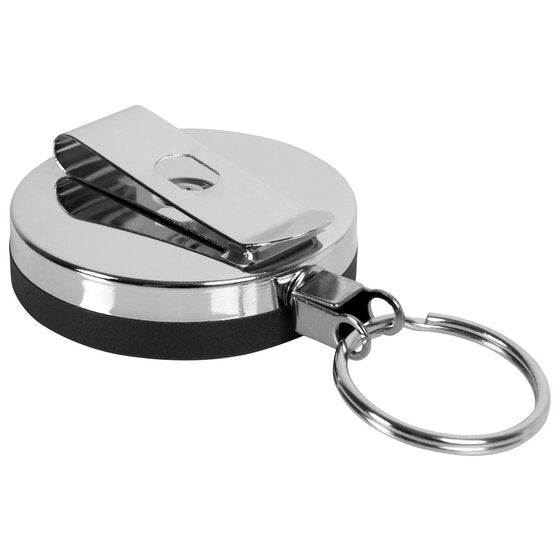 Rexel retractable metal key holder at a three quarter angle on white, showing the polished chrome lid and belt clip above a black band, with the split ring on a swivel.