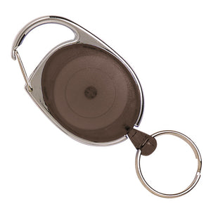 Rexel snap lock key holder in charcoal, a translucent smoky grey oval in a chrome surround with a sprung gate at the top and a silver split ring below, photographed at an angle on white.
