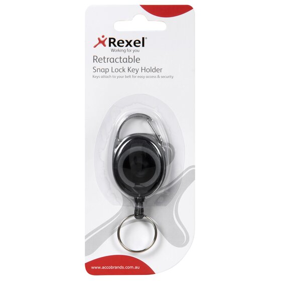 Rexel Retractable Snap Lock Key Holder on its hangsell blister card, with a dark reel and a split key ring