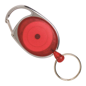 Rexel snap lock key holder in red, an oval translucent red body seated in a chrome surround with a sprung gate clip at the top and a silver split ring below, photographed at an angle on white.