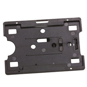 Black Rexel rigid card holder seen from the back in landscape, with a slot at the top, attachment openings and a semicircular notch on the left edge