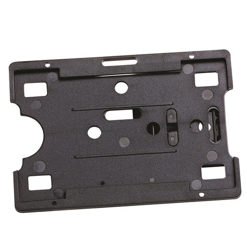 Black Rexel rigid card holder seen from the back in landscape, with a slot at the top, attachment openings and a semicircular notch on the left edge