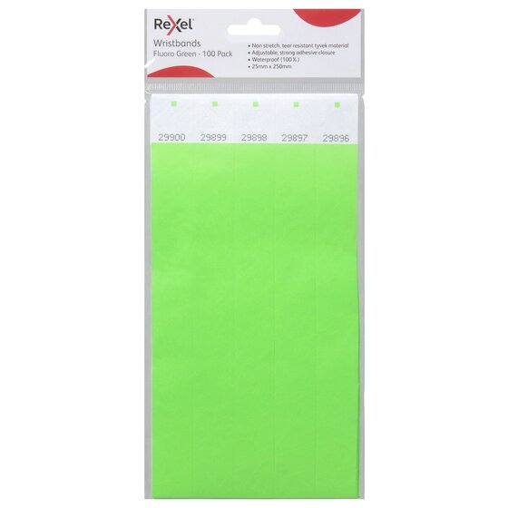 Rexel Wristbands Fluoro Green 100 Pack in its clear retail bag, showing numbered green bands and the printed feature list