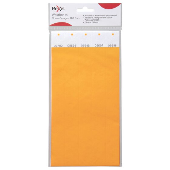 Rexel Wristbands Fluoro Orange 100 Pack in its retail bag, numbered orange bands visible below the printed header