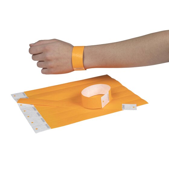 Fluoro orange Rexel wristband on a wrist beside a sheet of numbered orange bands and a band closed into a loop
