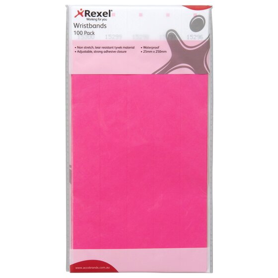 Older design Rexel Wristbands 100 Pack holding pink bands, with the printed feature list across the header