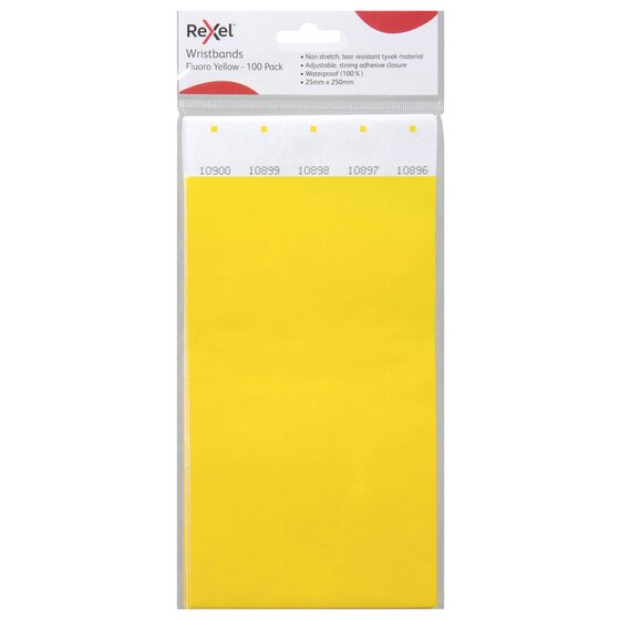 Rexel Wristbands Fluoro Yellow 100 Pack in its retail bag, with numbered yellow bands visible through the front