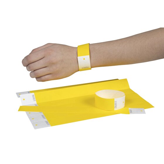 Fluoro yellow Rexel wristband worn on a wrist, with a numbered sheet of yellow bands and a closed band below