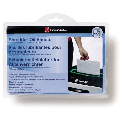 Close-up of a single Rexel pre-oiled shredder maintenance sheet showing dimensions and texture