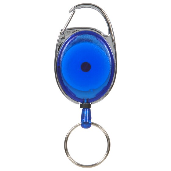 Rexel snap lock key holder in blue upright on white, the sprung chrome gate at the top over a bright translucent blue body with a silver split ring hanging below.