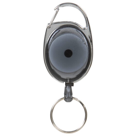 Rexel snap lock key holder in charcoal upright on white, the sprung chrome gate at the top over a translucent grey body with a silver split ring hanging below.