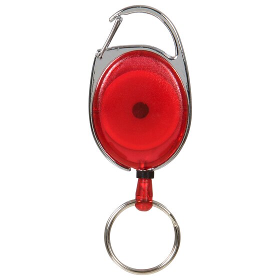 Rexel snap lock key holder in red shown upright on white, the sprung chrome gate at the top, the translucent red body in the middle and the silver split ring hanging below.