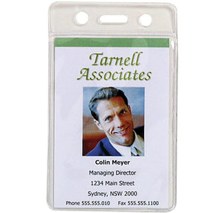 Rexel soft portrait pouch, clear, punched with two round holes and a slot at the top, holding an upright sample ID card with a photo and address