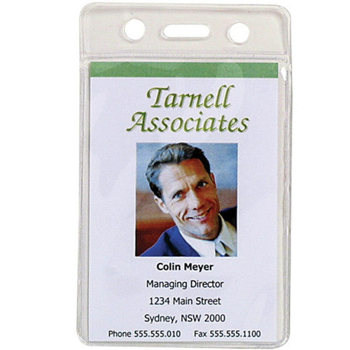 Rexel soft portrait pouch, clear, punched with two round holes and a slot at the top, holding an upright sample ID card with a photo and address