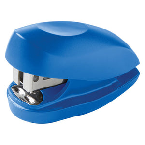 Three quarter view of the blue Rexel Tot mini stapler, a palm sized dome topped stapler with a chrome staple channel visible at the front and a moulded blue base.