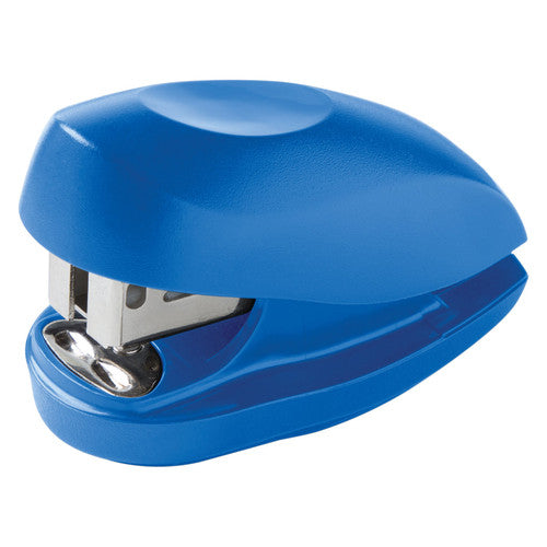 Three quarter view of the blue Rexel Tot mini stapler, a palm sized dome topped stapler with a chrome staple channel visible at the front and a moulded blue base.