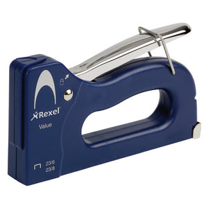 Rexel Value Tacker Dark Blue shown from the front on a white background