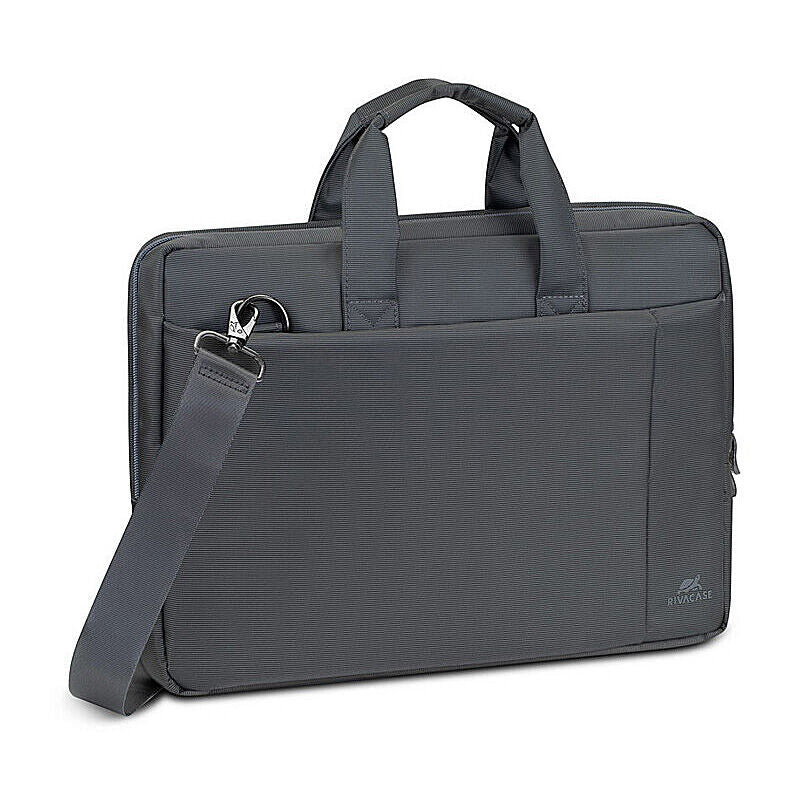 Rivacase 8231 Central Laptop Bag 15.6 Grey - front of bag showing slim profile, dual handles and grey polyester exterior