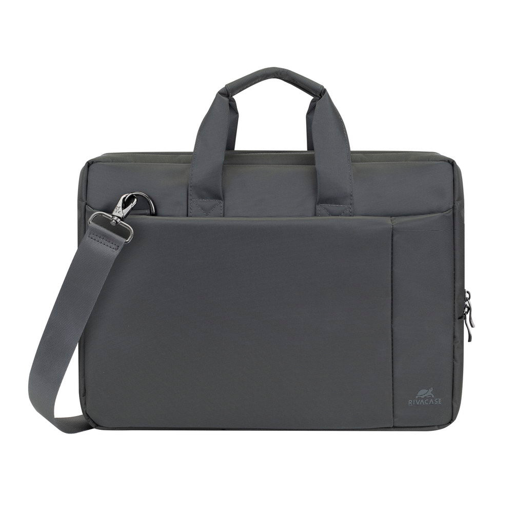 Rivacase 8231 Central Laptop Bag 15.6 Grey - front view showing main compartment zip and front organiser pocket