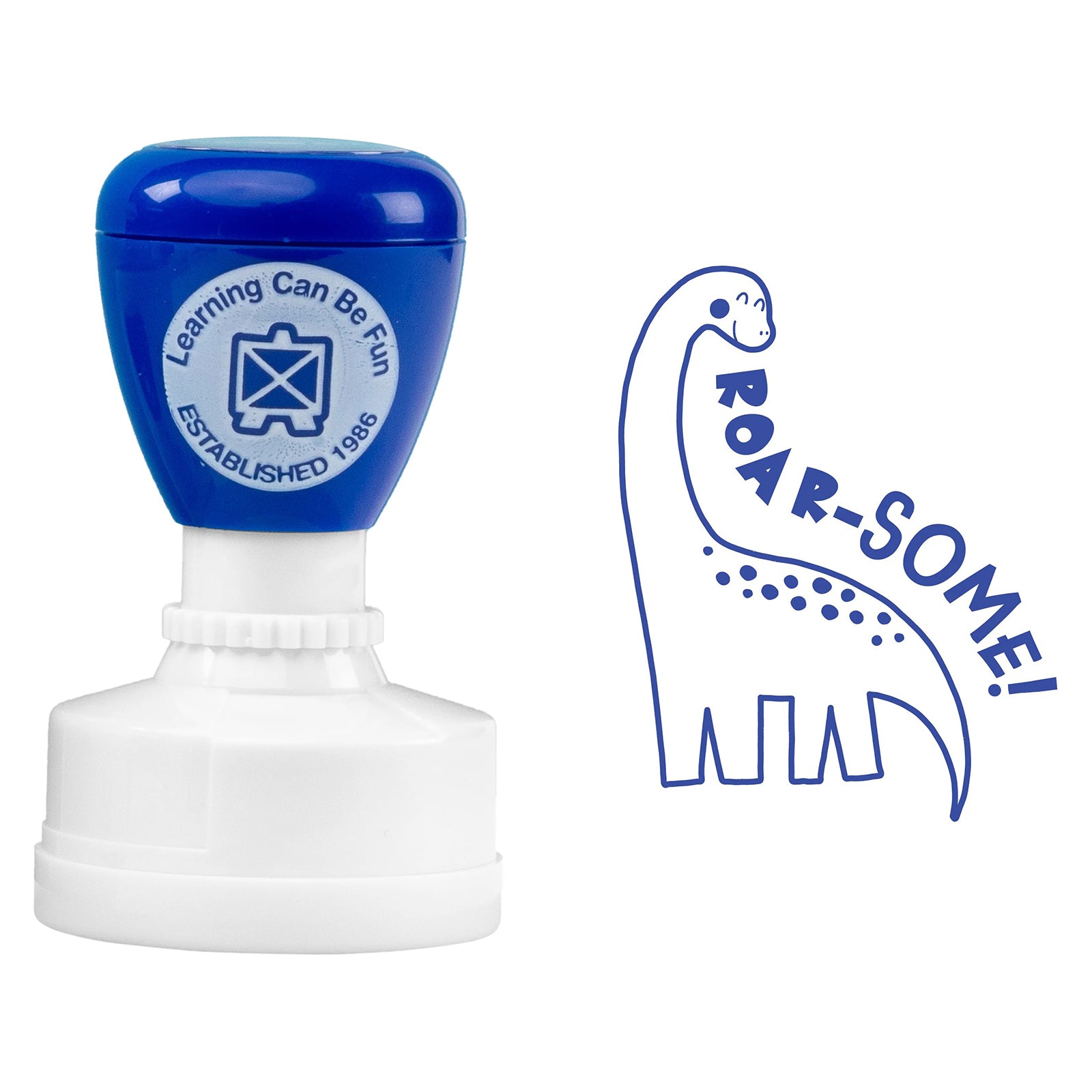 Product image showing the self inking merit stamp alongside the complete Roar-some dinosaur artwork. The playful prehistoric character creates an appealing reward tool for primary school students and early learners.
