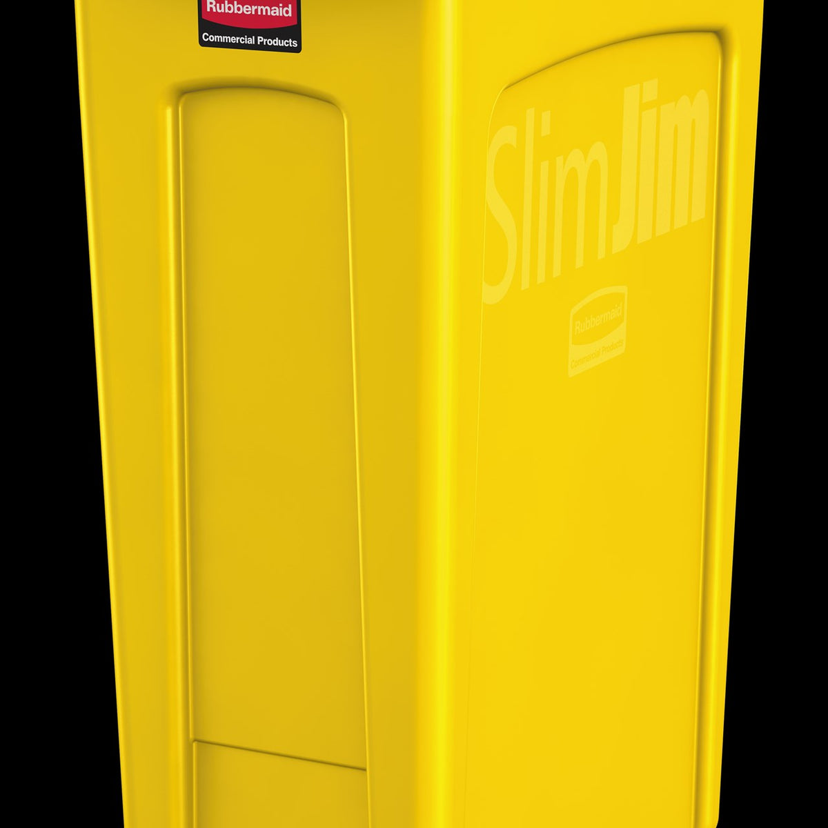Close view of a yellow Rubbermaid Commercial Products Slim Jim container side on a black background, showing the embossed Slim Jim name and the red Rubbermaid label