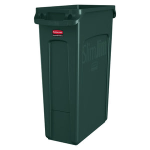 Green Rubbermaid Commercial Products Vented Slim Jim container, empty and open at the top, with Slim Jim embossed on the side and handles at the rim