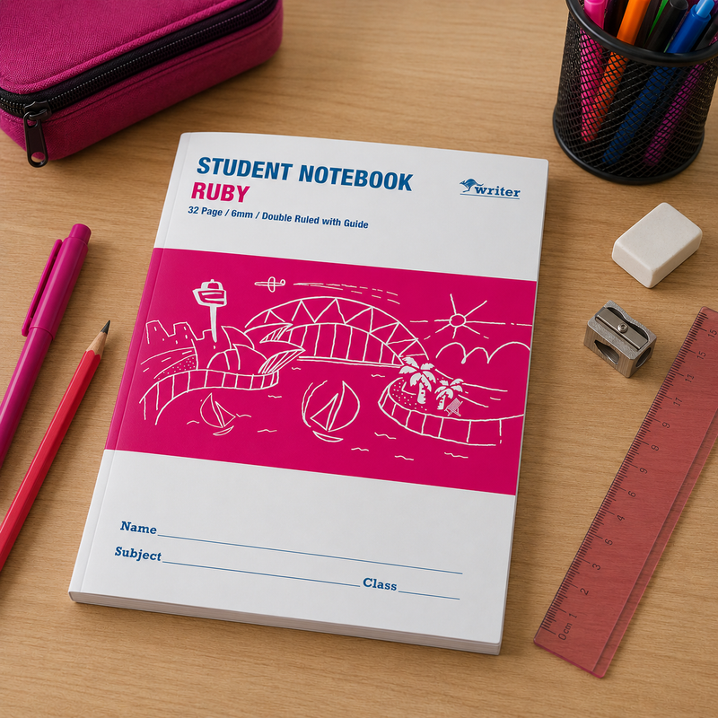 Ruby Writer student notebook arranged on a tidy classroom desk with pink stationery, pen holder, ruler, eraser and pencil case.