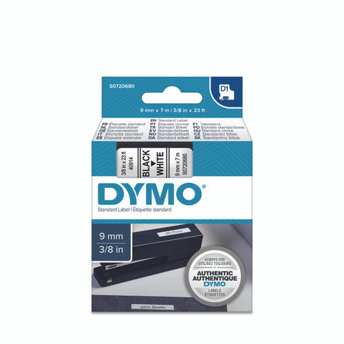 Dymo D1 label tape 9mm x 7m black on white mid-width labelling for cables files and office organisation