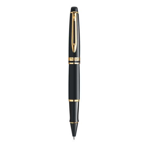 Waterman Expert Black Lacquer Gold Trim Rollerball Pen in Box