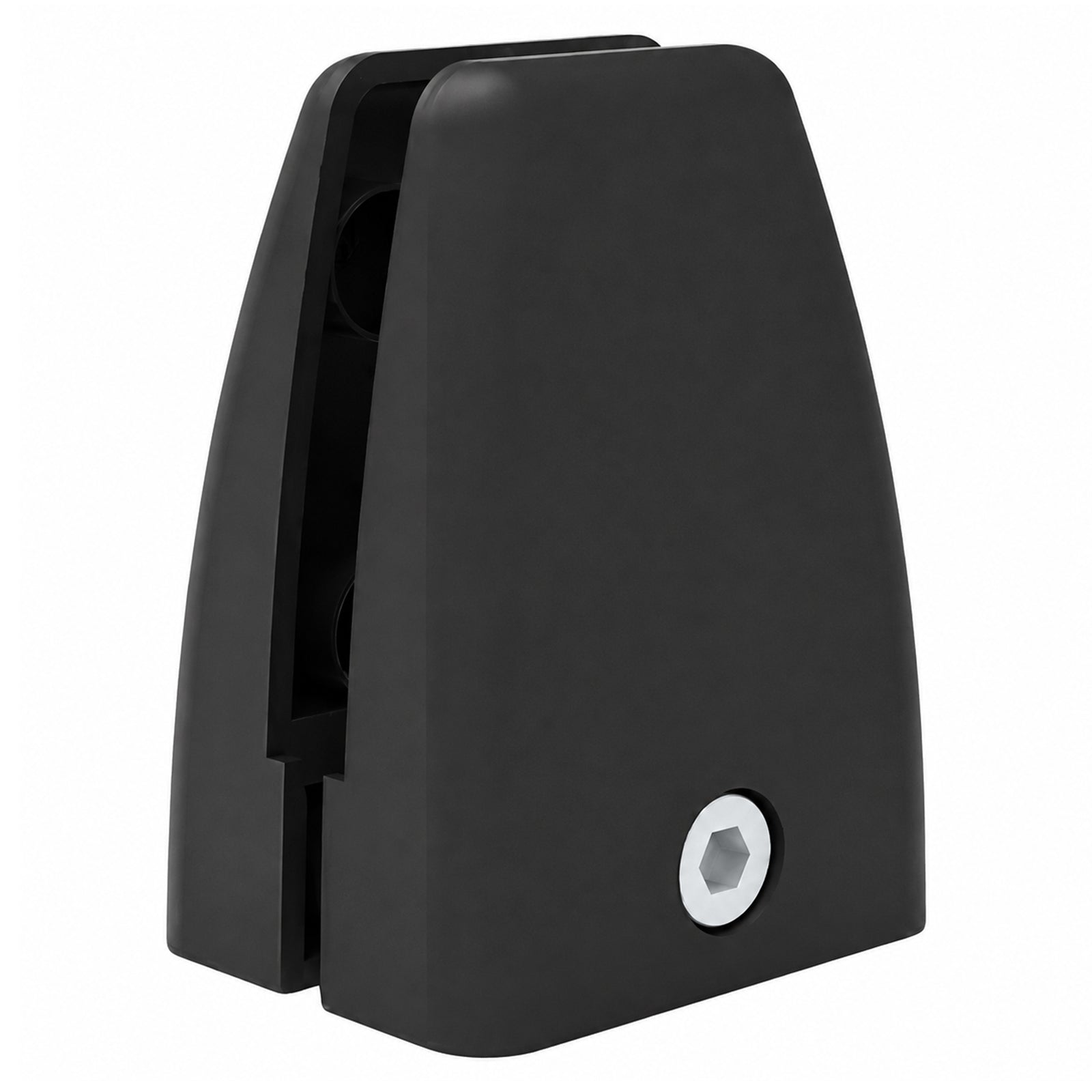 Close up product view of a SANA Type 1 desk screen clamp in matte black, showing its compact tapered housing, screen channel and silver hex bolt against a clean white background.
