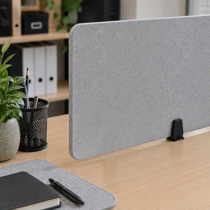 Close up lifestyle view of a grey PET desk screen secured to a light timber desktop with a matte black SANA Type 1 top mount clamp, surrounded by a plant, stationery holder, notebook and office accessories.