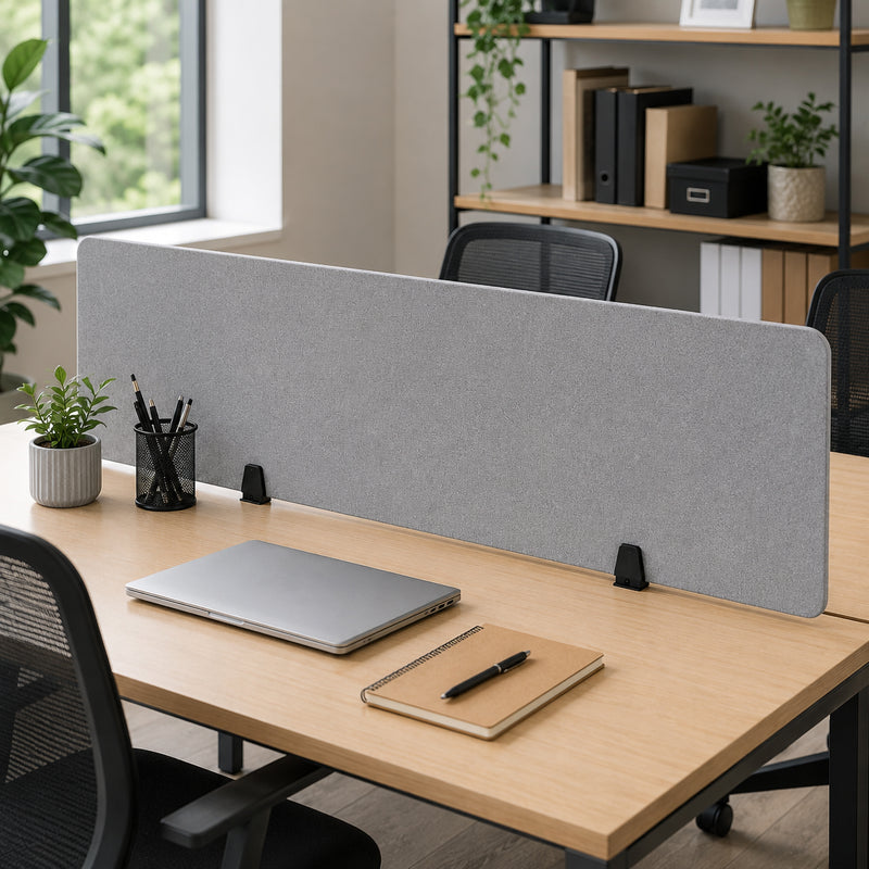 Visionchart SANA matte black desk screen clamps supporting a large grey PET privacy panel on a modern timber workstation with laptop, notebook and stationery, demonstrating a neat screen installation in a contemporary shared office.